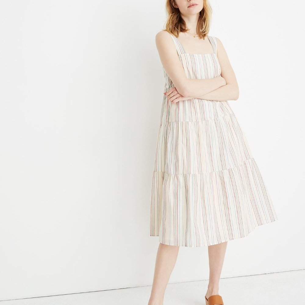 Button-Back Tiered Dress, Rainbow Stripe, Madewell